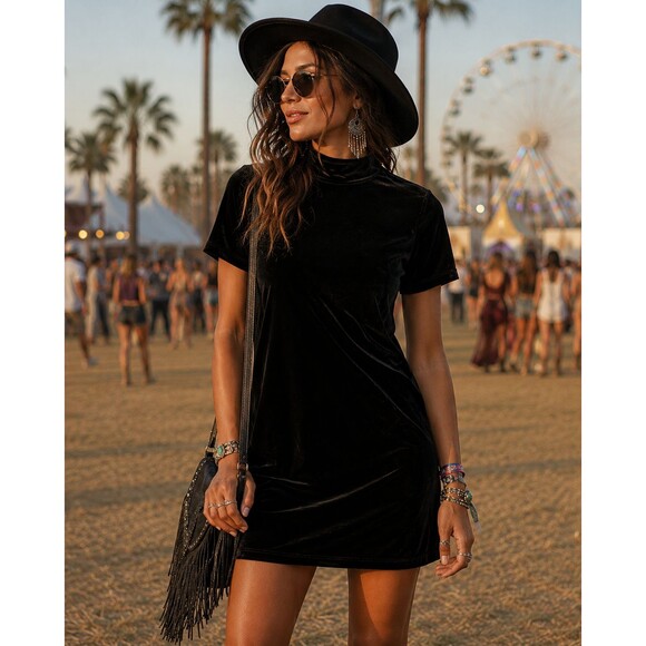 Madewell Dresses & Skirts - Madewell H2540 Solid Black Velvet Short Sleeve Mock Neck Dress Size Small